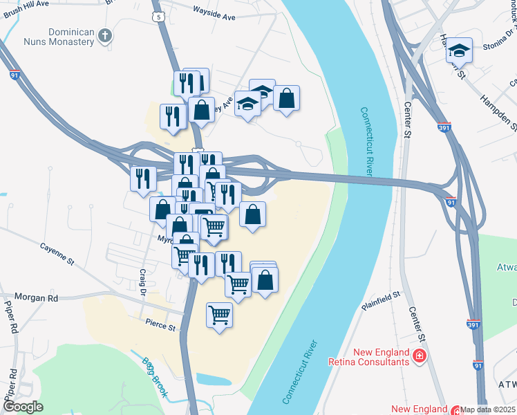 map of restaurants, bars, coffee shops, grocery stores, and more near 1129 Riverdale Street in West Springfield