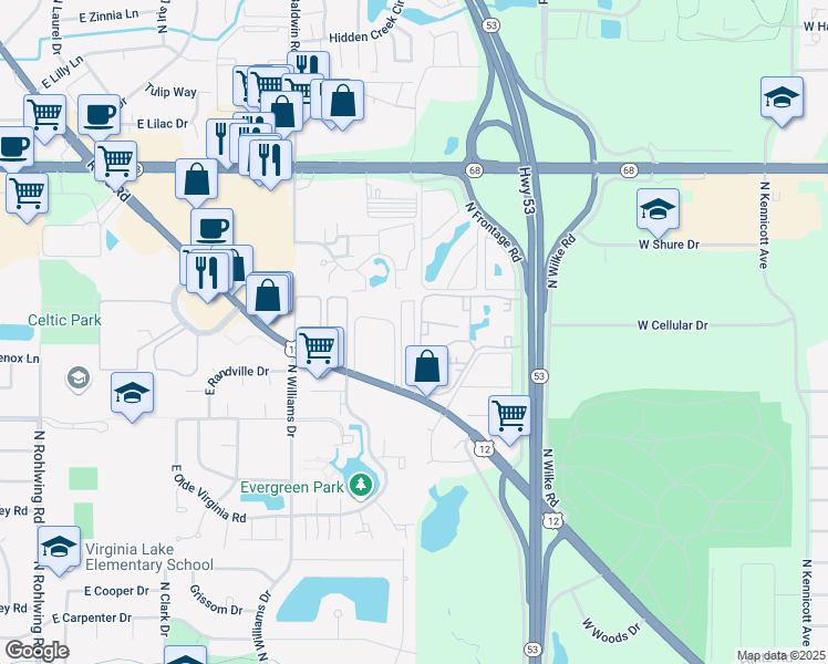 map of restaurants, bars, coffee shops, grocery stores, and more near 1360 Geneva Drive in Palatine