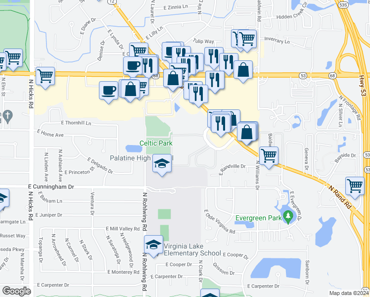 map of restaurants, bars, coffee shops, grocery stores, and more near 1477 North Winslowe Drive in Palatine