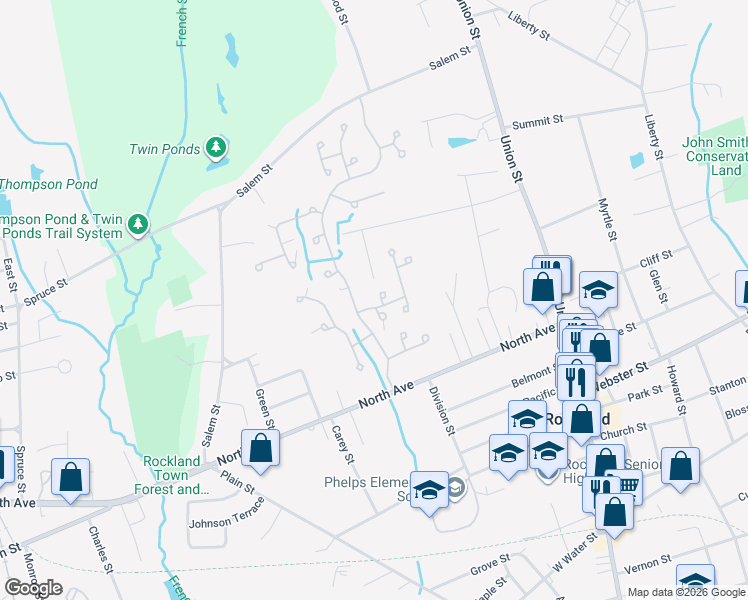 map of restaurants, bars, coffee shops, grocery stores, and more near 9 Cherry Circle in Rockland