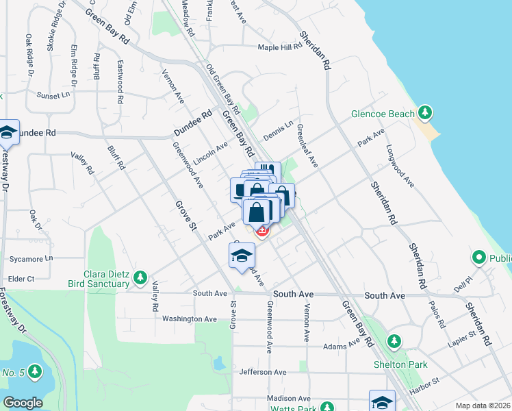 map of restaurants, bars, coffee shops, grocery stores, and more near 345 Park Avenue in Glencoe