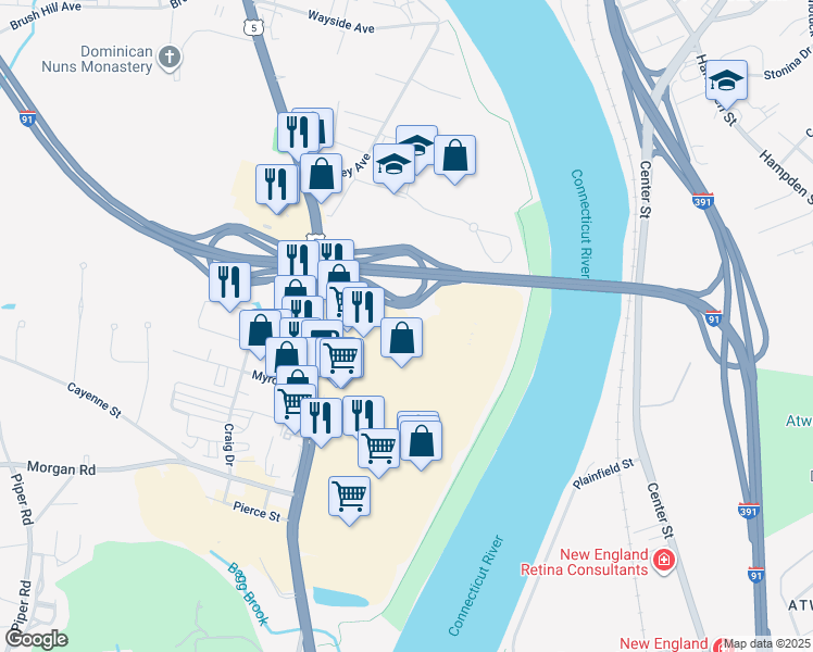 map of restaurants, bars, coffee shops, grocery stores, and more near 1129 Riverdale Street in West Springfield