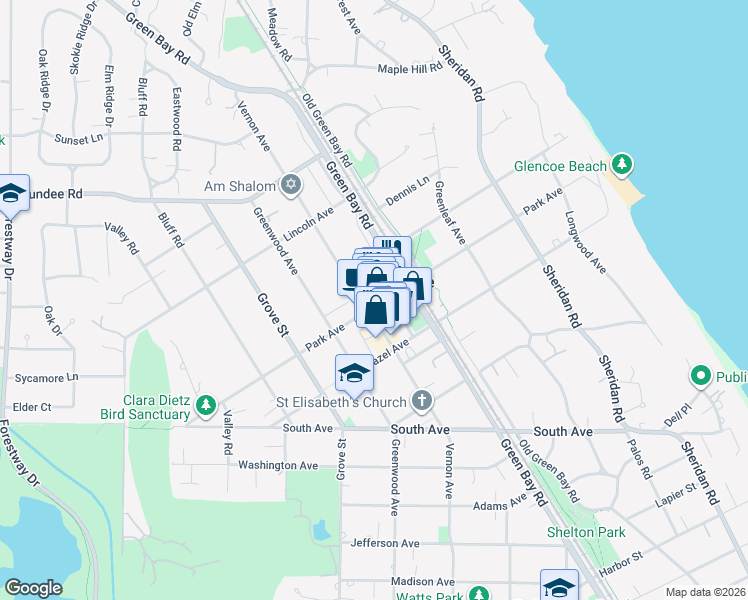 map of restaurants, bars, coffee shops, grocery stores, and more near 338 Tudor Court in Glencoe