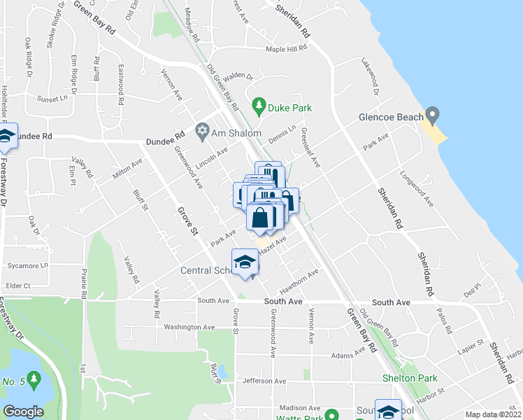 map of restaurants, bars, coffee shops, grocery stores, and more near 343 Park Avenue in Glencoe