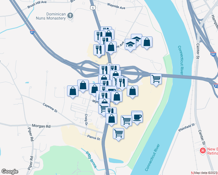 map of restaurants, bars, coffee shops, grocery stores, and more near 1102 Riverdale Street in West Springfield