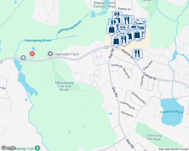 map of restaurants, bars, coffee shops, grocery stores, and more near 31 Bayberry Drive in Sharon