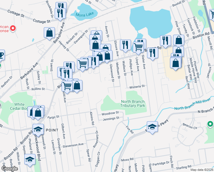 map of restaurants, bars, coffee shops, grocery stores, and more near 15-17 Otis Court in Springfield