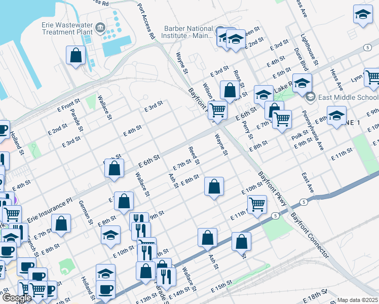 map of restaurants, bars, coffee shops, grocery stores, and more near 657 East 6th Street in Erie