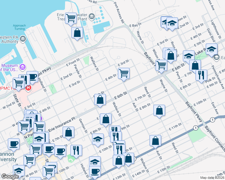 map of restaurants, bars, coffee shops, grocery stores, and more near 520 East 5th Street in Erie