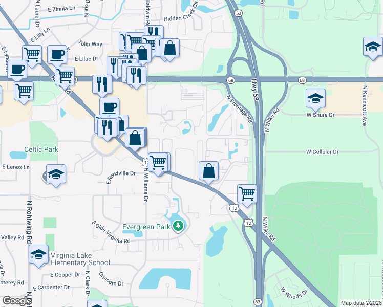 map of restaurants, bars, coffee shops, grocery stores, and more near 1487 East Ports O Call Drive in Palatine