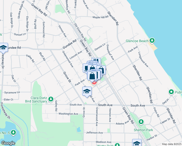 map of restaurants, bars, coffee shops, grocery stores, and more near 343 Park Avenue in Glencoe