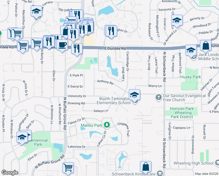 map of restaurants, bars, coffee shops, grocery stores, and more near 314 Anthony Road in Buffalo Grove