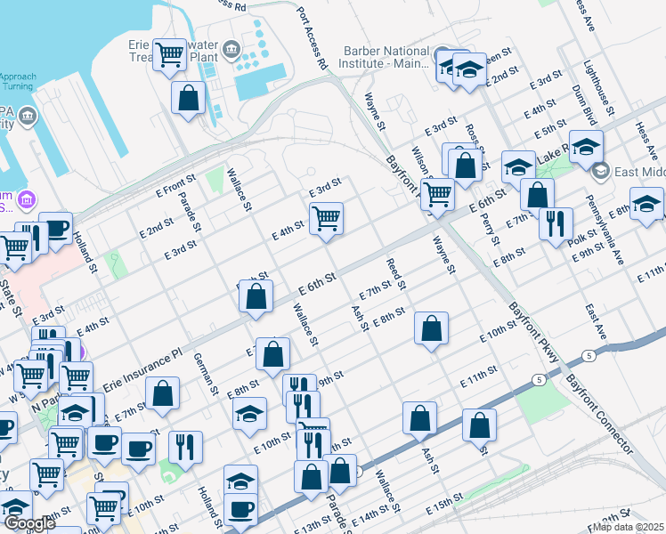map of restaurants, bars, coffee shops, grocery stores, and more near 598 East 6th Street in Erie