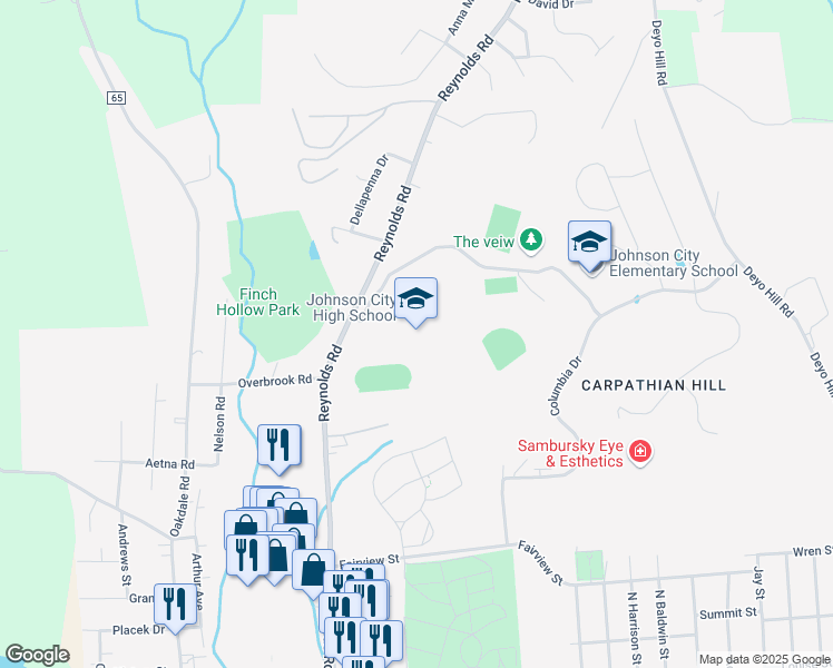 map of restaurants, bars, coffee shops, grocery stores, and more near 666 Reynolds Road in Johnson City