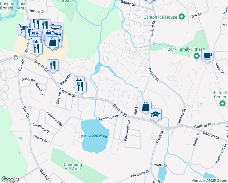 map of restaurants, bars, coffee shops, grocery stores, and more near 69 Wheeler Circle in Stoughton
