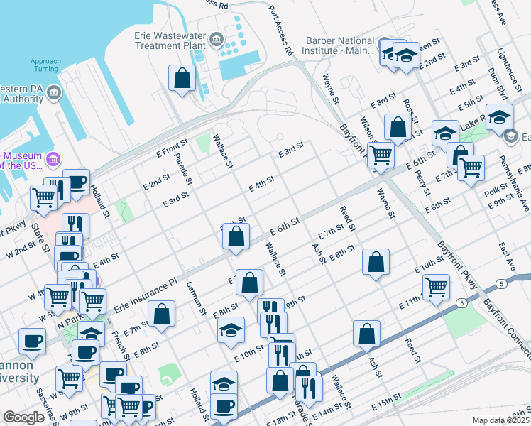 map of restaurants, bars, coffee shops, grocery stores, and more near 520 East 5th Street in Erie
