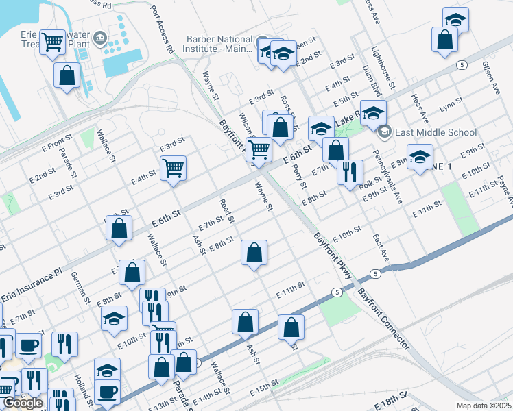map of restaurants, bars, coffee shops, grocery stores, and more near 622 Wayne St in Erie