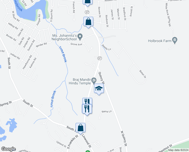 map of restaurants, bars, coffee shops, grocery stores, and more near 627 South Franklin Street in Holbrook