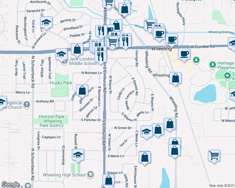 map of restaurants, bars, coffee shops, grocery stores, and more near 240 Cindy Lane in Wheeling