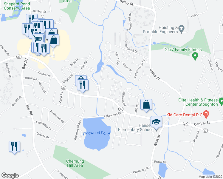 map of restaurants, bars, coffee shops, grocery stores, and more near 84 Wheeler Circle in Stoughton