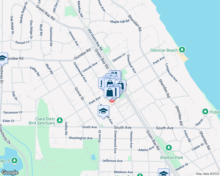 map of restaurants, bars, coffee shops, grocery stores, and more near 343 Park Avenue in Glencoe
