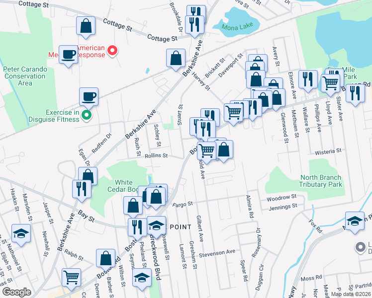 map of restaurants, bars, coffee shops, grocery stores, and more near 5 Stuart Street in Springfield