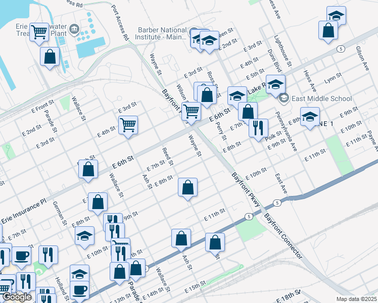 map of restaurants, bars, coffee shops, grocery stores, and more near 622 Wayne St in Erie