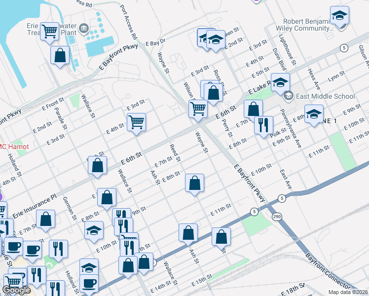 map of restaurants, bars, coffee shops, grocery stores, and more near 725 27 E 6 Street in Erie
