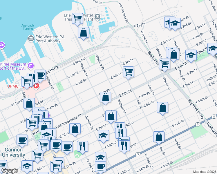 map of restaurants, bars, coffee shops, grocery stores, and more near 447 East 4th Street in Erie