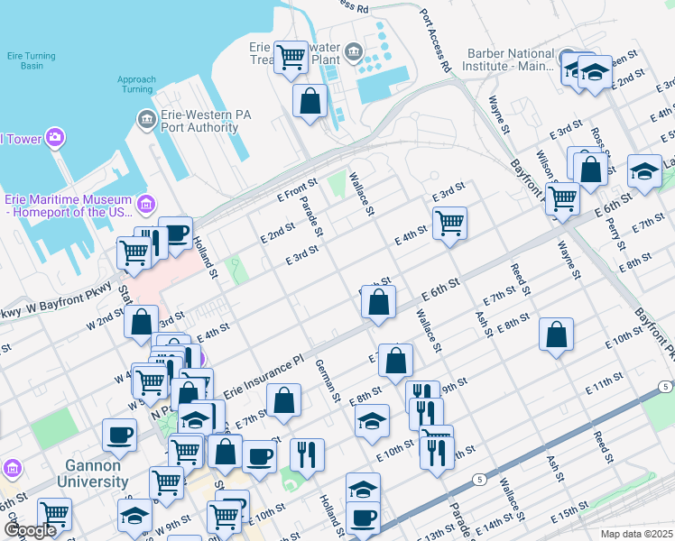 map of restaurants, bars, coffee shops, grocery stores, and more near 404 East 4th Street in Erie