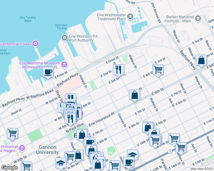 map of restaurants, bars, coffee shops, grocery stores, and more near 316 East 3rd Street in Erie