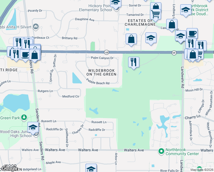 map of restaurants, bars, coffee shops, grocery stores, and more near 3630 Pebble Beach Road in Northbrook