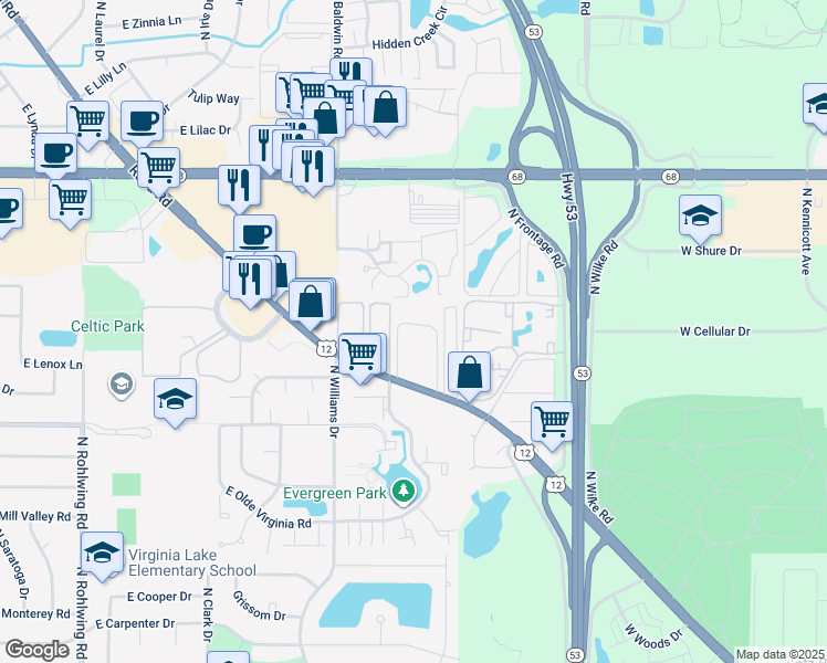 map of restaurants, bars, coffee shops, grocery stores, and more near 1487 East Ports O Call Drive in Palatine