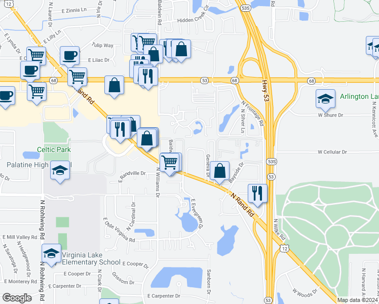 map of restaurants, bars, coffee shops, grocery stores, and more near 1487 East Ports O Call Drive in Palatine