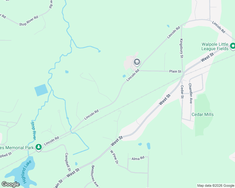map of restaurants, bars, coffee shops, grocery stores, and more near 465 Lincoln Road in Walpole