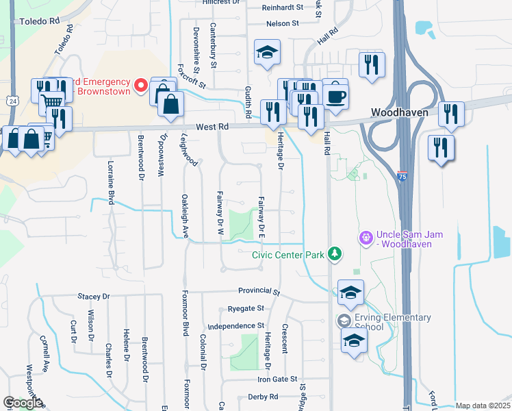map of restaurants, bars, coffee shops, grocery stores, and more near 22348 Kingston Court in Woodhaven