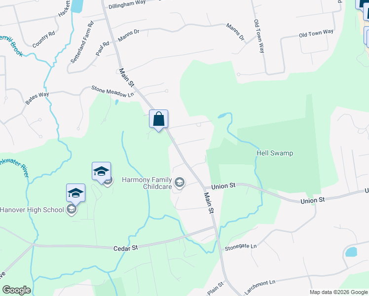 map of restaurants, bars, coffee shops, grocery stores, and more near 665 Main Street in Hanover