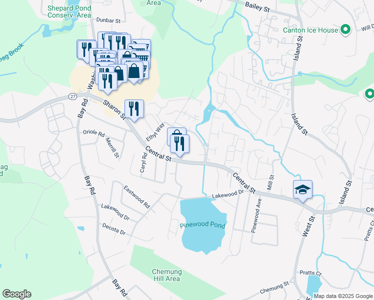 map of restaurants, bars, coffee shops, grocery stores, and more near 2121 Central Street in Stoughton