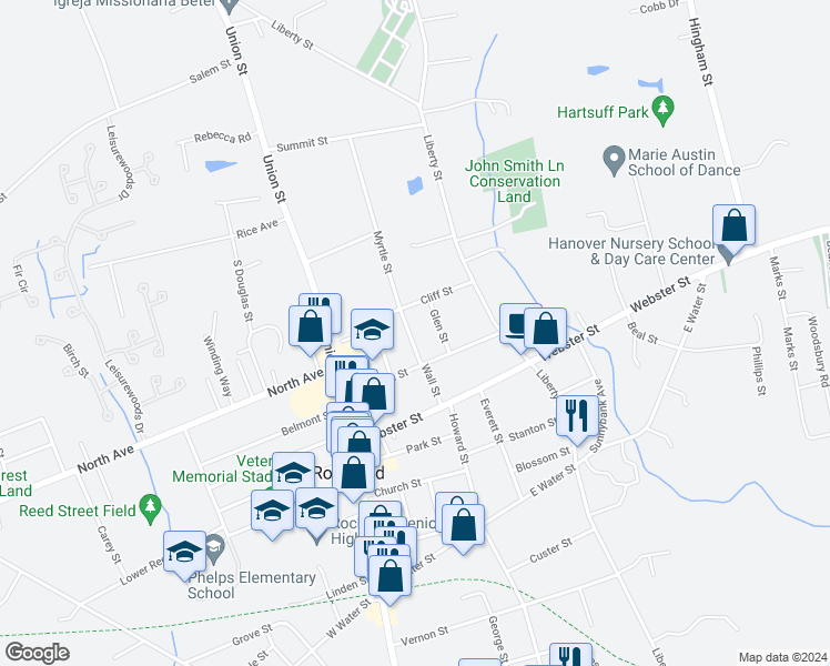 map of restaurants, bars, coffee shops, grocery stores, and more near 31 Myrtle Street in Rockland