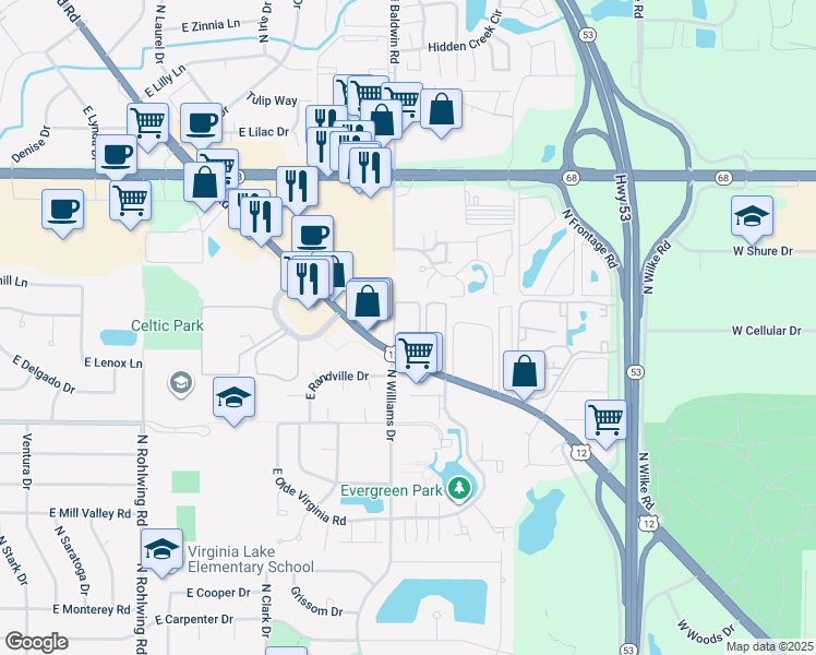 map of restaurants, bars, coffee shops, grocery stores, and more near 1317 Baldwin Court in Palatine