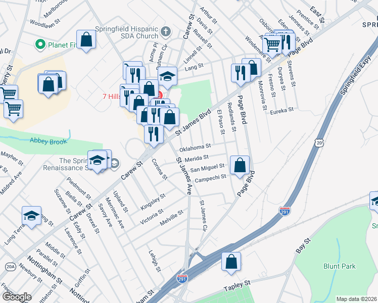 map of restaurants, bars, coffee shops, grocery stores, and more near 80 Oklahoma Street in Springfield