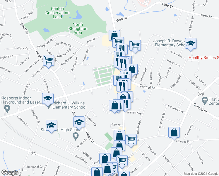 map of restaurants, bars, coffee shops, grocery stores, and more near 1076 Central Street in Stoughton