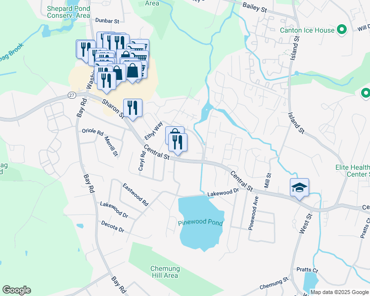 map of restaurants, bars, coffee shops, grocery stores, and more near 2121-REAR Central Street in Stoughton