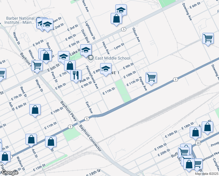 map of restaurants, bars, coffee shops, grocery stores, and more near 933 Fulton Street in Erie