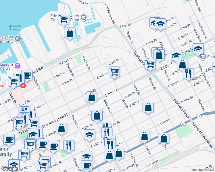 map of restaurants, bars, coffee shops, grocery stores, and more near 553 East 5th Street in Erie