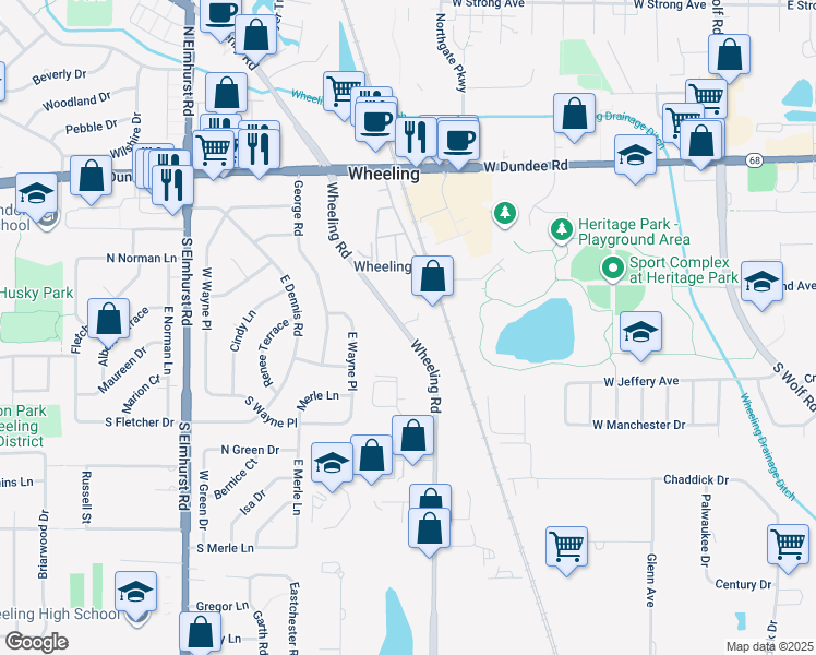 map of restaurants, bars, coffee shops, grocery stores, and more near 171 Wheeling Road in Wheeling