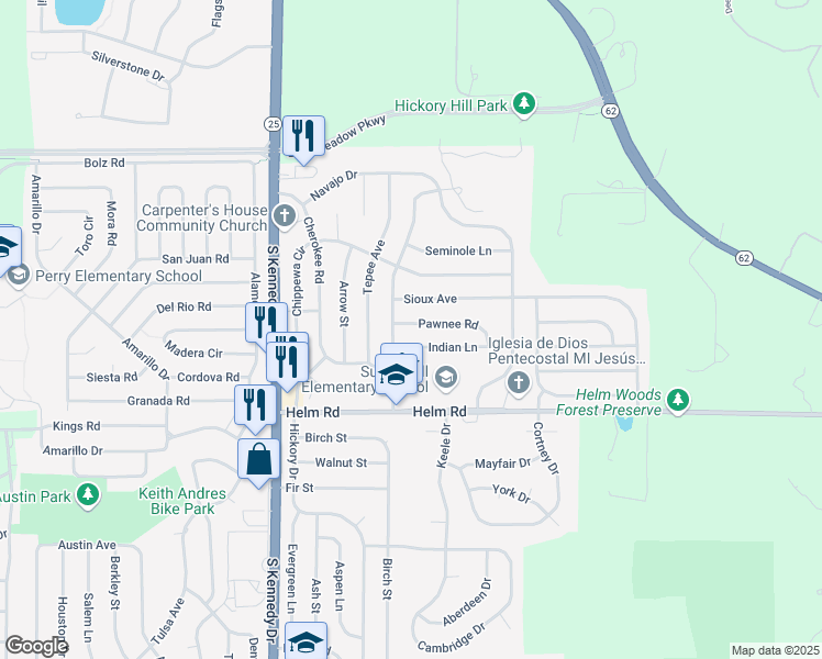 map of restaurants, bars, coffee shops, grocery stores, and more near 1505 Pawnee Road in Carpentersville
