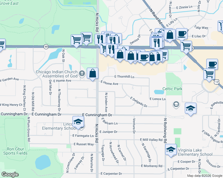 map of restaurants, bars, coffee shops, grocery stores, and more near 469 East Home Avenue in Palatine