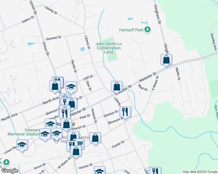 map of restaurants, bars, coffee shops, grocery stores, and more near 425 Liberty Street in Rockland
