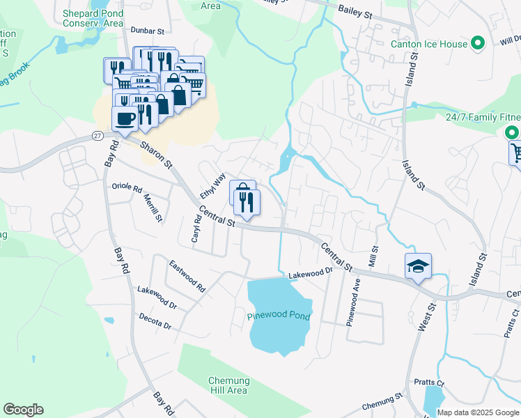 map of restaurants, bars, coffee shops, grocery stores, and more near 2121-REAR Central Street in Stoughton